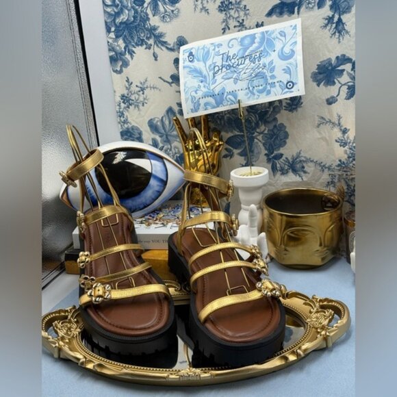 🆕 MARC JACOBS 🧿 NWOB The Daisy Gold Buckle Black Lug Sole Sandals, Sz 9M - Picture 5 of 16